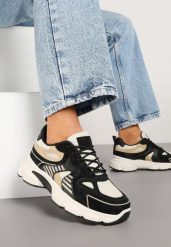 Czarno-Beżowe Sneakersy na Grubej Podeszwie z Tłoczeniami Fellira. Czarne obuwie sportowe damskie Born2be, z jeansu, bez zapięcia. Za 99.99 zł.