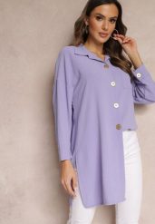 Fioletowa Koszula Oversize o Długim Fasonie z Rozcięciami Tasine. Fioletowe koszule damskie Renee, bez wzorów, bez kołnierzyka, bez ramiączek. Za 79.99 zł.