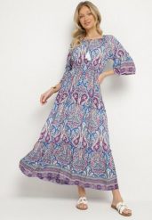 Niebieska Rozkloszowana Sukienka Bawełniana we Wzór Paisley z Chwostami Elliassa. Niebieskie sukienki damskie Born2be, bez wzorów, z bawełny, bez ramiączek. Za 99.99 zł.