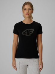 4F T-shirt slim z nadrukiem damski - czarny XS. Czarne t-shirty damskie 4F, xs, bez wzorów, z bawełny, bez kołnierzyka. Za 69.99 zł.