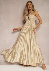 Beżowa Asymetryczna Sukienka Plisowana na Jedno Ramię z Gumką w Talii Elashay. Brązowe sukienki damskie Renee, bez wzorów, z materiału, eleganckie, bez ramiączek. W wyprzedaży za 119.99 zł.