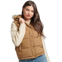 Damska kurtka puchowa bez rękawów z faux futra Superdry Everest. Brązowe kurtki sportowe damskie Superdry, na jesień, xl, bez wzorów, z nylonu, bez kaptura. Za 494.00 zł.