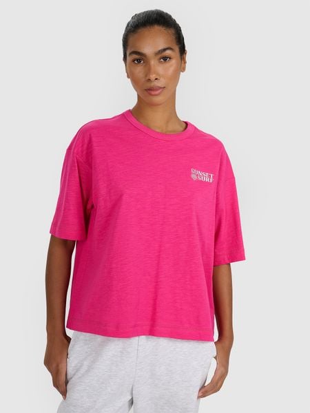 4F T-shirt oversize z nadrukiem damski - różowy XL. Czerwone t-shirty damskie 4F, xl, bez wzorów, z bawełny, bez kołnierzyka. W wyprzedaży za 29.99 zł.