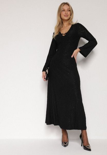 Czarna Brokatowa Sukienka w Zebrę o Rozkloszowanym Kroju z Długim Rękawem Mevenna. Czarne sukienki damskie Born2be, bez wzorów, eleganckie, bez ramiączek. Za 169.99 zł.