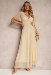 Beżowa Siateczkowa Sukienka z Kopertowym Dekoltem Wiązana w Talii Niblea. Brązowe sukienki damskie Renee, bez wzorów, eleganckie, bez ramiączek. W wyprzedaży za 83.99 zł.