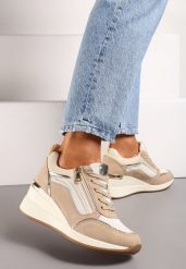 Brązowe Sneakersy na Koturnie z Ozdobnym Suwakiem i Metalicznymi Wstawkami Univia. Brązowe obuwie sportowe damskie Born2be, z jeansu, bez zapięcia. Za 99.99 zł.