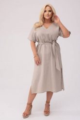 Sukienka Lenora w kolorze naturalnego lnu - Elegancja w naturalnym stylu PLUS SIZE OVERSIZE XXL. Sukienki damskie Moda Size Plus Iwanek, bez wzorów, ze lnu, eleganckie, bez ramiączek. W wyprzedaży za 269.90 zł.