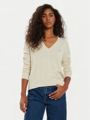 Tommy Jeans Sweter Essential DW0DW18670 Beżowy Regular Fit. Brązowe swetry klasyczne damskie Tommy Jeans, xxs, z bawełny, bez kołnierzyka. Za 209.99 zł.