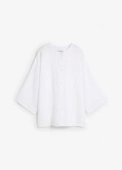 Bluzka oversize z czystego lnu. Niebieskie bluzki damskie bonprix, bez wzorów, ze lnu, eleganckie, bez kołnierzyka, bez ramiączek. Za 149.99 zł.