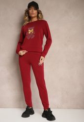 Bordowy Ocieplany Komplet Dresowy z Bawełny Zdobiony Cyrkoniami Bluza i Spodnie z Gumką Nelionis. Czerwone bluzy damskie Renee, m, z aplikacjami, z bawełny, bez kaptura. Za 74.99 zł.