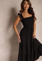 Czarna Sukienka z Bawełny na Ramiączkach Ozdobiona Falbanami i Gumkami Mevalys. Czarne sukienki damskie Renee, bez wzorów, z bawełny, eleganckie, bez ramiączek. W wyprzedaży za 39.99 zł.