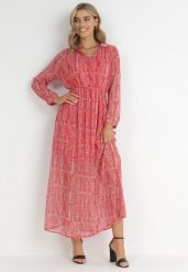 Czerwona Sukienka Maxi z Ozdobną Nitką i Gumką w Pasie Sarvehe. Czerwone sukienki damskie Born2be, bez wzorów, bez ramiączek. W wyprzedaży za 135.99 zł.