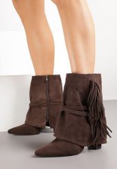 Ciemnobrązowe Botki Boho z Cholewką Imitującą Nogawkę i Frędzlami Zaslie. Brązowe botki damskie Renee, z jeansu, boho, bez obcasa, na obcasie, bez zapięcia. Za 159.99 zł.