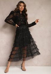 Czarna Rozkloszowana Spódnica Maxi z Falbankami i Cekinami Noobi. Czarne spódnice damskie Renee, m, bez wzorów, z materiału, eleganckie, maxi. Za 74.99 zł.