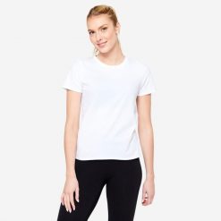 Koszulka z krótkim rękawem damska Domyos Gym & Pilates 100. Białe bluzki damskie DOMYOS, xl, bez wzorów, z bawełny, bez kołnierzyka, bez ramiączek. Za 24.99 zł.