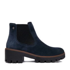 Botki Rieker. Niebieskie botki damskie Rieker, bez obcasa, na słupku, bez zapięcia. Za 399.99 zł.