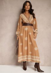 Beżowa Wzorzysta Sukienka z Wiskozą o Kopertowym Kroju z Gumką i Paskiem Zinalise. Brązowe sukienki damskie Renee, bez wzorów, z wiskozy, eleganckie, bez ramiączek. W wyprzedaży za 91.99 zł.
