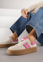 Beżowo-Fuksjowe Zamszowe Sneakersy na Grubej Podeszwie z Paskami i Skórzaną Wkładką Felenne. Brązowe obuwie sportowe damskie Born2be, z jeansu, bez zapięcia. Za 179.99 zł.