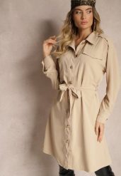 Beżowa Sukienka o Koszulowym Kroju z Paskiem i Eleganckimi Guzikami Torlina. Brązowe sukienki damskie Renee, bez wzorów, biznesowe, bez ramiączek. W wyprzedaży za 107.99 zł.