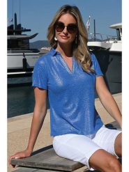 Bleu d'Azur Koszulka "Robin" w kolorze niebieskim rozmiar: 42. Niebieskie bluzki damskie Bleu d'Azur, w ażurowe wzory, klasyczne, bez kołnierzyka, bez ramiączek. Za 153.71 zł.