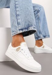 Biało-Beżowe Sneakersy na Grubej Podeszwie przed Kostkę z Perforacją Rarissa. Białe obuwie sportowe damskie Born2be, z jeansu, przed kostkę, bez zapięcia. Za 49.99 zł.