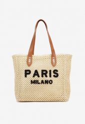 Beżowa Torebka Shopperka z Plecionki z Napisem Navario. Brązowe shopper bag Born2be, bez wzorów, z jeansu, bez dodatków. Za 109.99 zł.