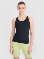 4F Top treningowy slim szybkoschnący damski - czarny XL. Czarne koszulki sportowe damskie 4F, uniwersalny, bez wzorów, z elastanu, bez ramiączek, na fitness i siłownię. Za 69.99 zł.