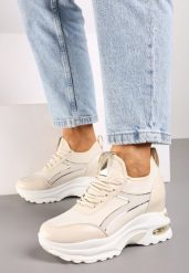 Beżowe Sneakersy na Ukrytym Koturnie z Metalicznymi Wstawkami Vlivina. Brązowe obuwie sportowe damskie Born2be, z jeansu, bez zapięcia. Za 129.99 zł.