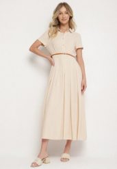 Beżowa Wiskozowa Sukienka o Koszulowym Fasonie z Wąskim Paskiem Fillamea. Brązowe sukienki damskie Born2be, z aplikacjami, z wiskozy, eleganckie, bez ramiączek. Za 119.99 zł.