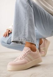 Różowe Sneakersy na Platformie w Stylu Tenisówek Ozdobione Paskami Ladia. Czerwone obuwie sportowe damskie Renee, na wiosnę, z jeansu, bez zapięcia, tenisowe. Za 89.99 zł.