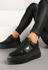 Czarne Sznurowane Sneakersy Vices Tłoczonej Platformie Ozdobione Trójkątem Raviri. Czarne obuwie sportowe damskie Renee, z jeansu, bez zapięcia. Za 119.99 zł.