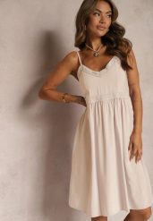 Beżowa Wiskozowa Sukienka na Regulowanych Ramiączkach z Haftem i Lampasami Nelmina. Brązowe sukienki damskie Renee, bez wzorów, z wiskozy, eleganckie, bez ramiączek. W wyprzedaży za 47.99 zł.