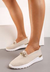 Beżowe Półbuty Tenisówki z Elastyczną Cholewką i Klamrą Vaiara. Brązowe obuwie sportowe damskie Born2be, z jeansu, bez zapięcia, tenisowe. Za 54.99 zł.