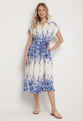 Niebiesko-Biała Koszulowa Sukienka Wiskozowa z Kwiatowym Motywem Redere. Niebieskie sukienki damskie Born2be, bez wzorów, z wiskozy, eleganckie, bez ramiączek. Za 139.99 zł.