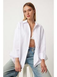 Happiness Istanbul Koszula w kolorze białym rozmiar: 38. Białe koszule damskie Happiness Istanbul, bez wzorów, z bawełny, bez kołnierzyka, bez ramiączek. Za 73.99 zł.