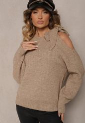 Ciemnobeżowy Sweter z Ozdobnym Wiązaniem i Wycięciem na Ramieniu Eledi. Brązowe swetry klasyczne damskie Renee, bez kołnierzyka. Za 119.99 zł.