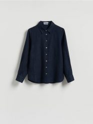 Lniana koszula - granatowy. Niebieskie koszule damskie Reserved, l, bez wzorów, z tkaniny, bez kołnierzyka, bez ramiączek. Za 149.99 zł.