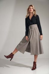 Rozkloszowana Spódnica do Połowy Łydki z Rozcięciem- Kratka. Brązowe spódnice damskie Figl, xl, bez wzorów, z materiału. Za 269.00 zł.