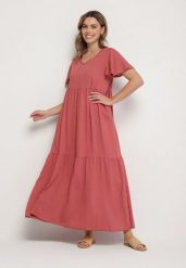 Ciemnoróżowa Wiskozowa Sukienka Rozkloszowana z Dekoltem V Natilenia. Czerwone sukienki damskie Born2be, bez wzorów, z wiskozy, eleganckie, bez ramiączek. Za 89.99 zł.