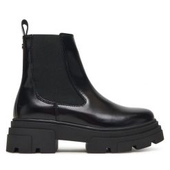 Sztyblety Tommy Hilfiger. Czarne botki damskie Tommy Hilfiger, bez obcasa, na płaskiej podeszwie, bez zapięcia. Za 519.99 zł.