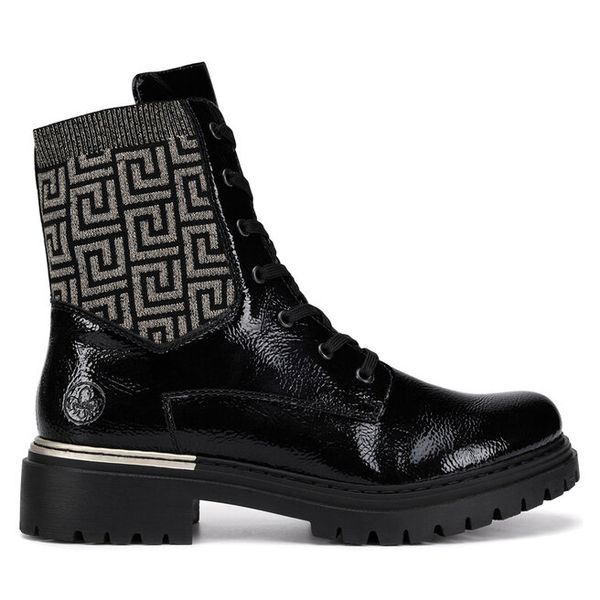 Trzewiki Rieker. Czarne botki damskie Rieker, bez obcasa, na płaskiej podeszwie, bez zapięcia. Za 389.99 zł.