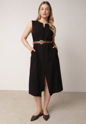 Czarna Taliowana Sukienka z Bawełną i Wiskozą Ozdobiona Paskiem Luven. Czarne sukienki damskie Born2be, bez wzorów, z bawełny, eleganckie, bez ramiączek. Za 139.99 zł.