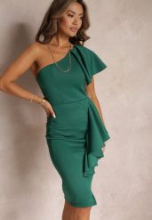 Zielona Asymetryczna Sukienka Bodycon z Falbanami na Jedno Ramię Imelia. Zielone sukienki damskie Renee, bez wzorów, bez ramiączek. W wyprzedaży za 111.99 zł.