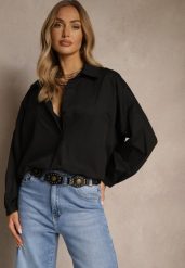 Czarna Klasyczna Koszula z Bawełny Meleldi. Czarne koszule damskie Renee, m, bez wzorów, z bawełny, eleganckie, bez kołnierzyka, bez ramiączek. Za 79.99 zł.