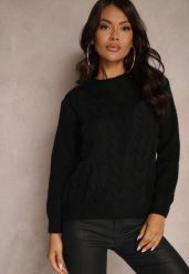Czarny Sweter z Bawełną Ozdobiony Tłoczeniem Savariella. Czarne swetry klasyczne damskie Renee, z bawełny, bez kołnierzyka. Za 59.99 zł.