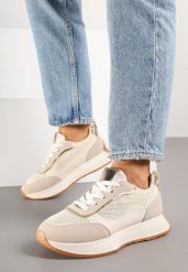Beżowe Sneakersy z Geometrycznym Wzorem Borgis. Brązowe obuwie sportowe damskie Born2be, z materiału, bez zapięcia. Za 99.99 zł.