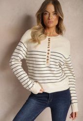 Beżowo-Niebieski Sweter z Wiskozą w Poziome Paski z Guzikami przy Dekolcie Irivoni. Brązowe swetry klasyczne damskie Renee, l, z jeansu, bez kołnierzyka. Za 84.99 zł.