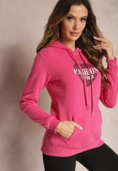 Różowa Bluza Kangurka Ocieplona Polarem z Ozdobnym Nadrukiem Elili. Czerwone bluzy damskie Renee, l, bez wzorów, z jeansu, bez kaptura. Za 79.99 zł.