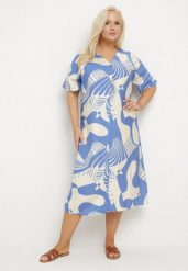 Niebieska Sukienka o Pudełkowym Kroju z Dekoltem w Serek w Abstrakcyjny Print Salliven. Niebieskie sukienki damskie Born2be, bez wzorów, eleganckie, bez ramiączek. Za 89.99 zł.