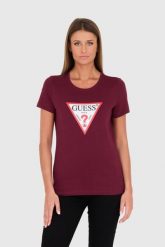 GUESS Bordowy t-shirt Original Tee. Czerwone t-shirty damskie Guess, s, z aplikacjami, z bawełny, bez kołnierzyka. W wyprzedaży za 100.99 zł.